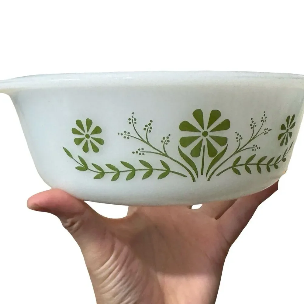 VTG Mid Century GLASBAKE GREEN DAISY 1.5 Quart Casserole Dish J-2600